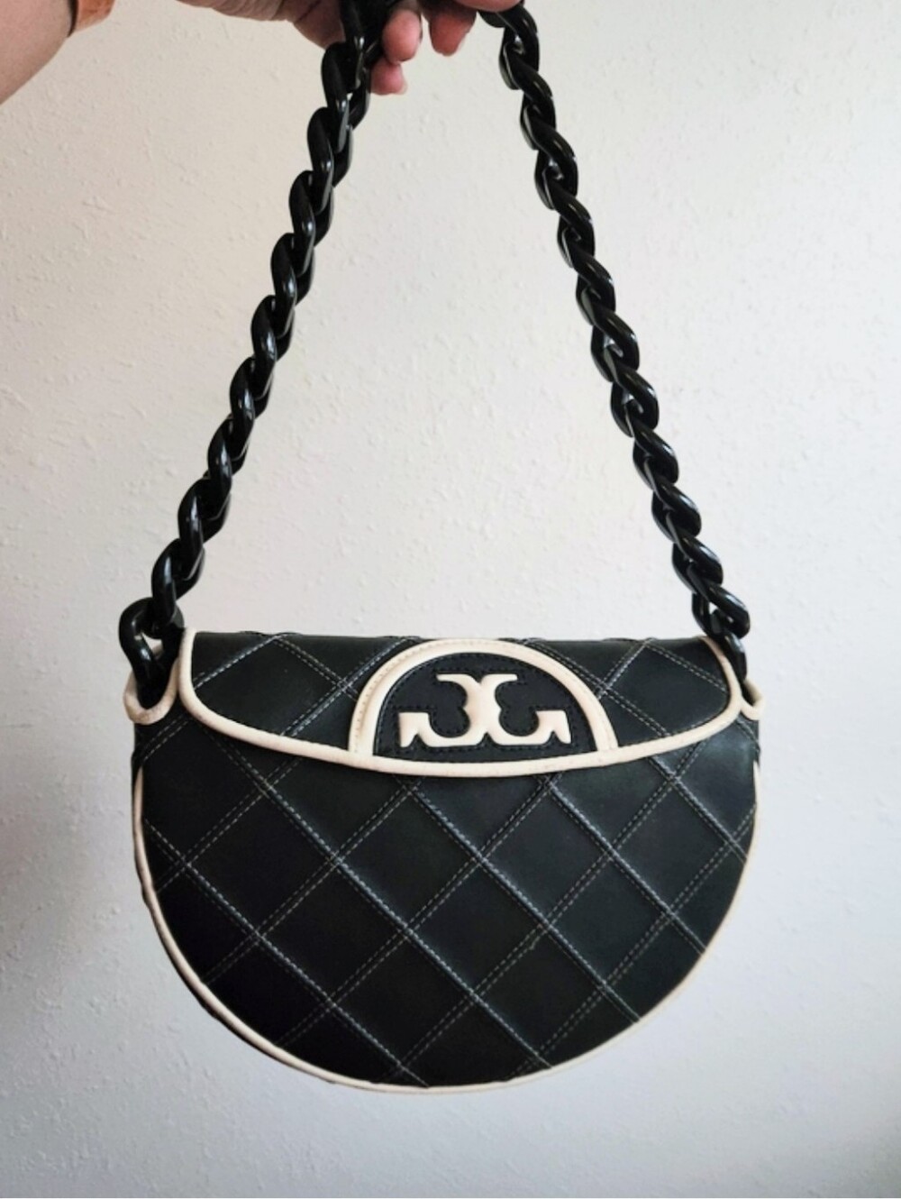 Tory Burch Quilted Black Shoulder Crossbody Bag with Cream Trim W/black Chain